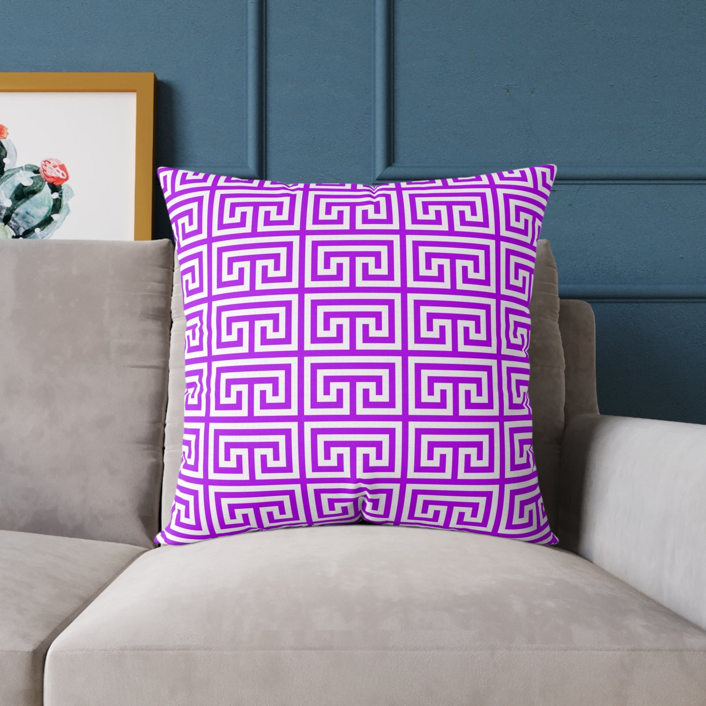 Geometric Purple White Greek Key Pattern Pillow | Square Poly Canvas Pillow