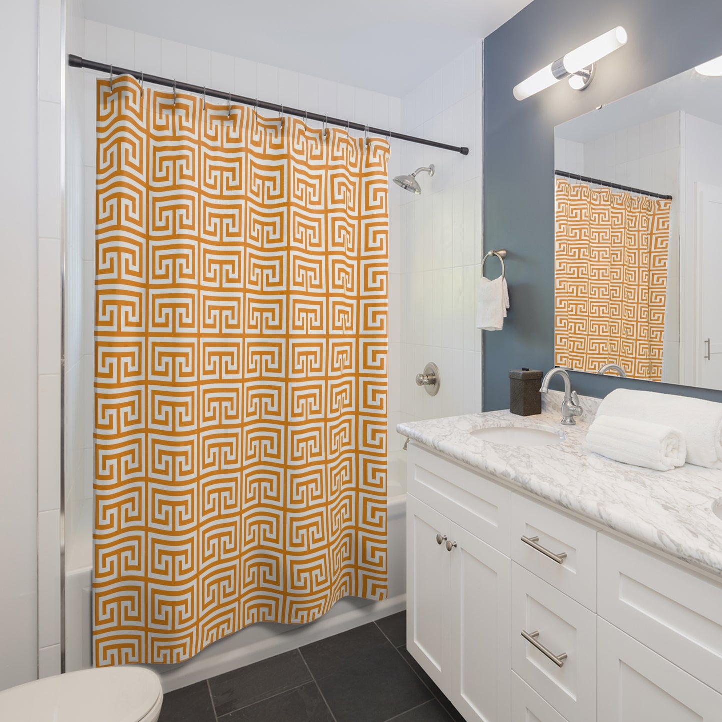 Greek Key Geometric Pattern Shower Curtain | Orange White Maze Tile