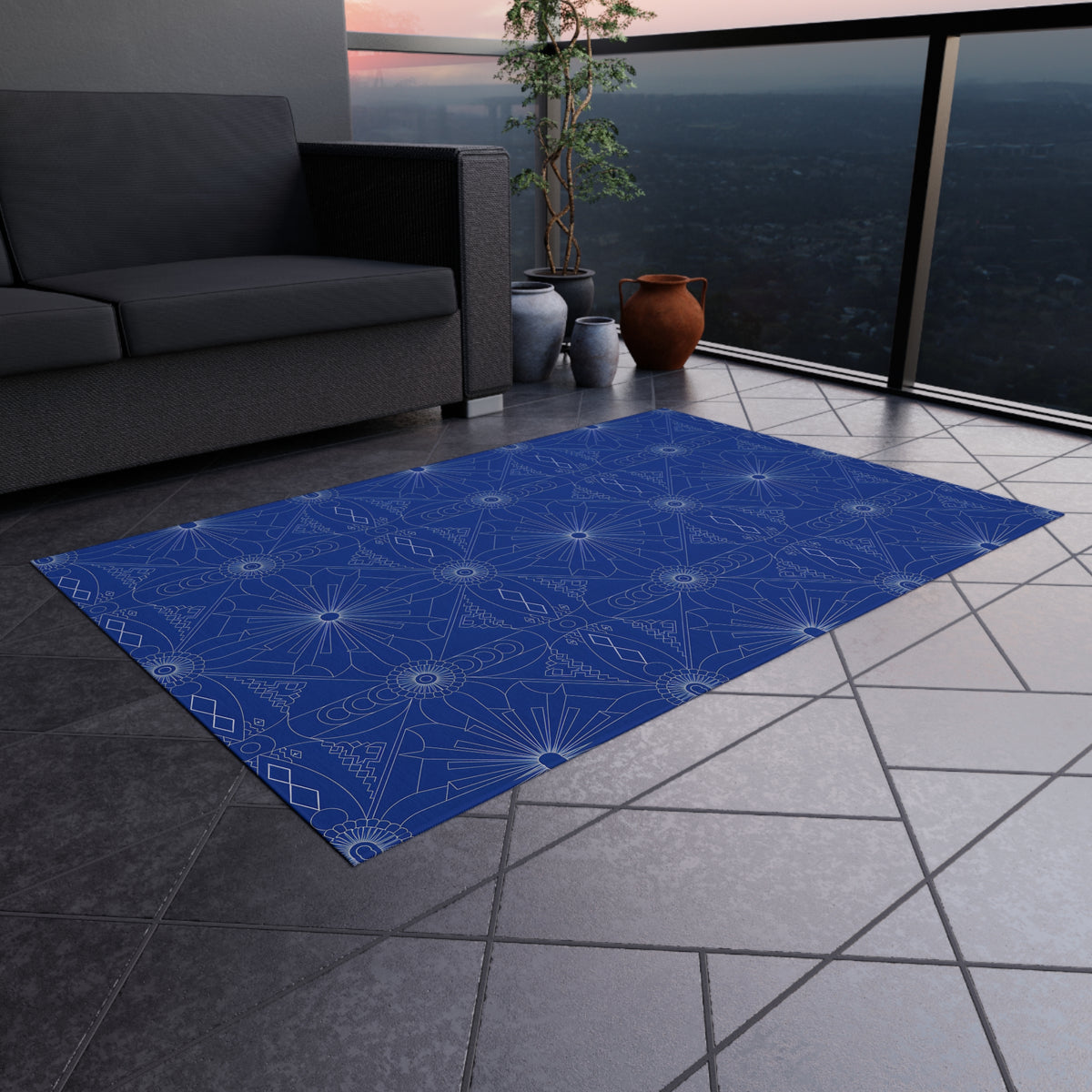 Cobalt Geometric Starburst Outdoor Rug | Patterned Patio Mat