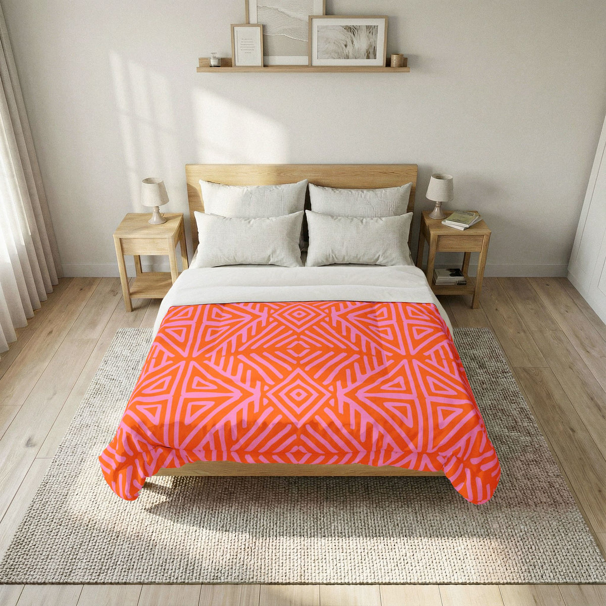 Geometric Tribal Pattern Cotton Comforter | Orange Pink Diamond Motif