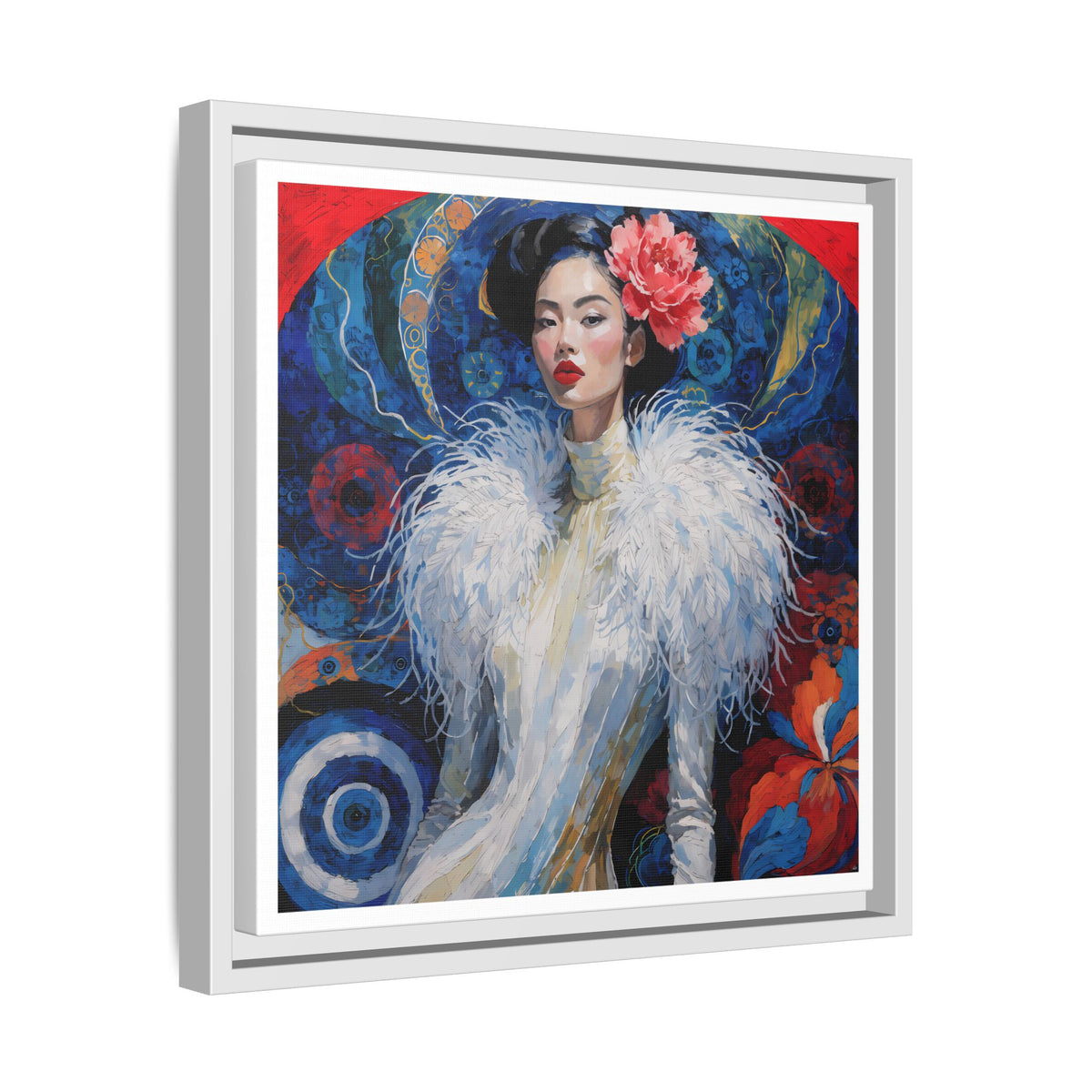 Floral Portrait  Asian Woman Matte Canvas Framed | Colorful Modern Wall Art