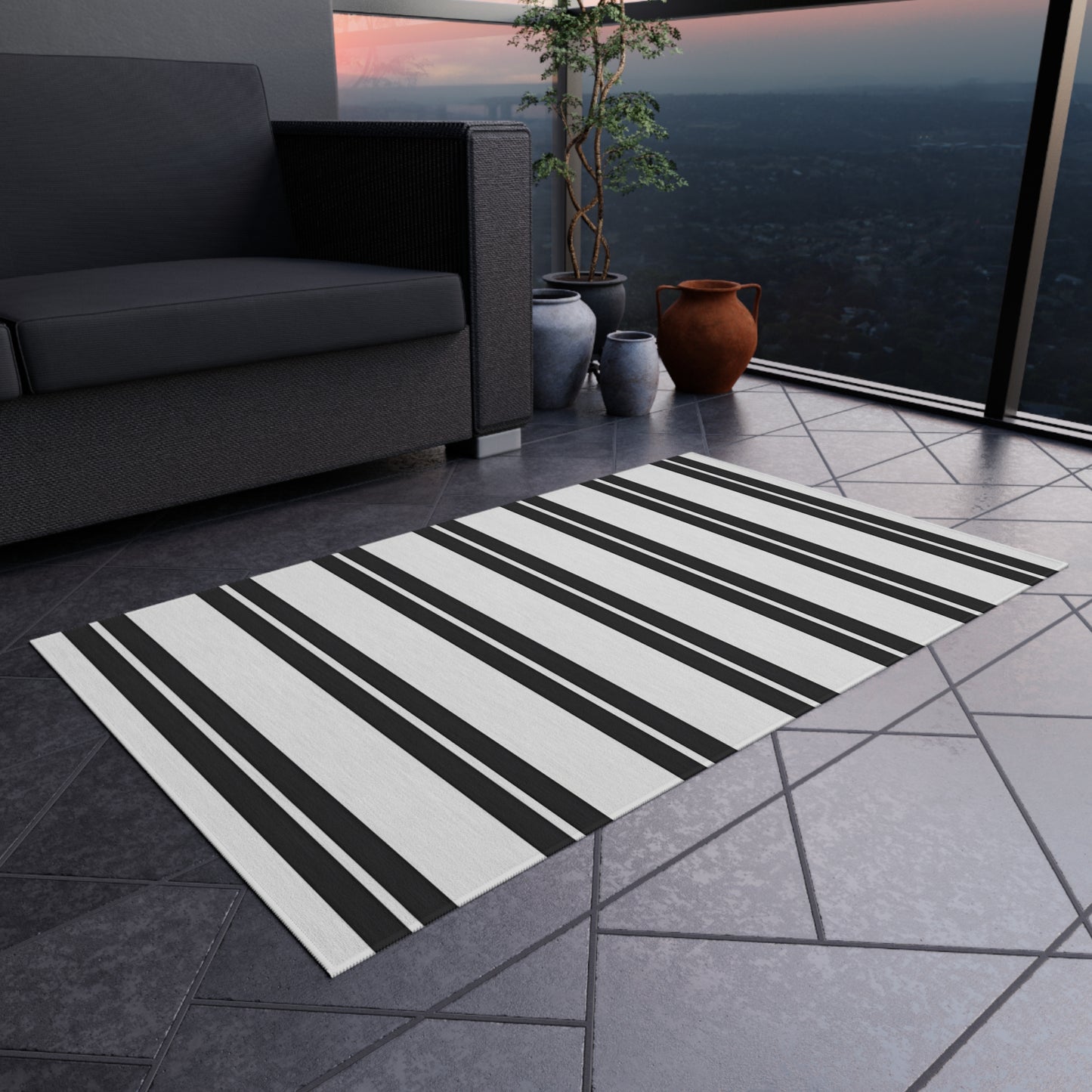 Black and White Vertical Stripe Outdoor/Indoor Rug | Modern Patio Mat