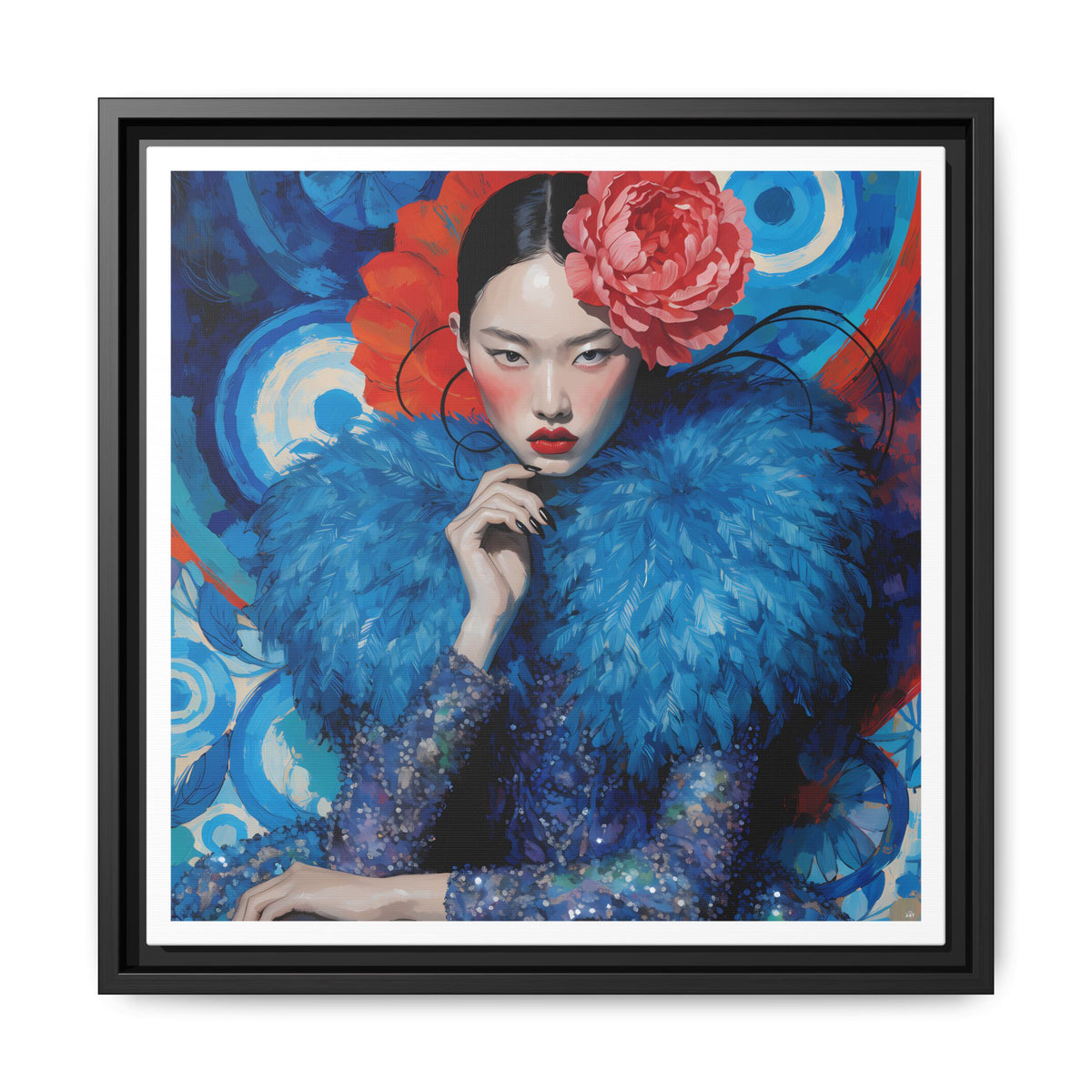 Floral-Femme Asian Woman Portrait Matte Canvas Framed Wall Art | Colorful Fashion Illustration