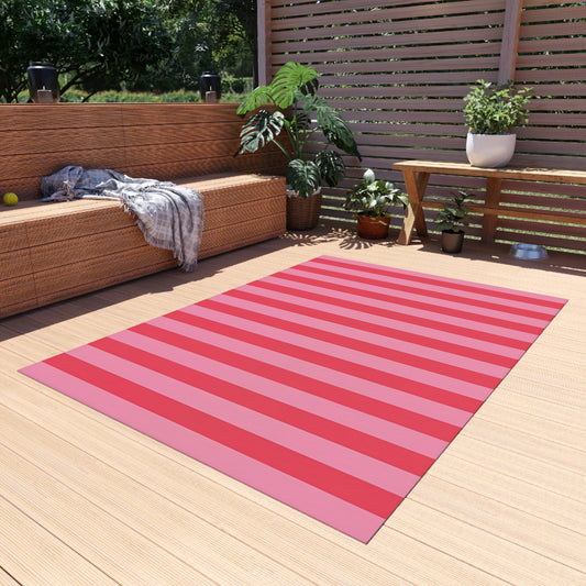 Light Pink and Watermelon Pink Stripe Outdoor Rug | Patio Mat, Water-Resistant Porch Rug