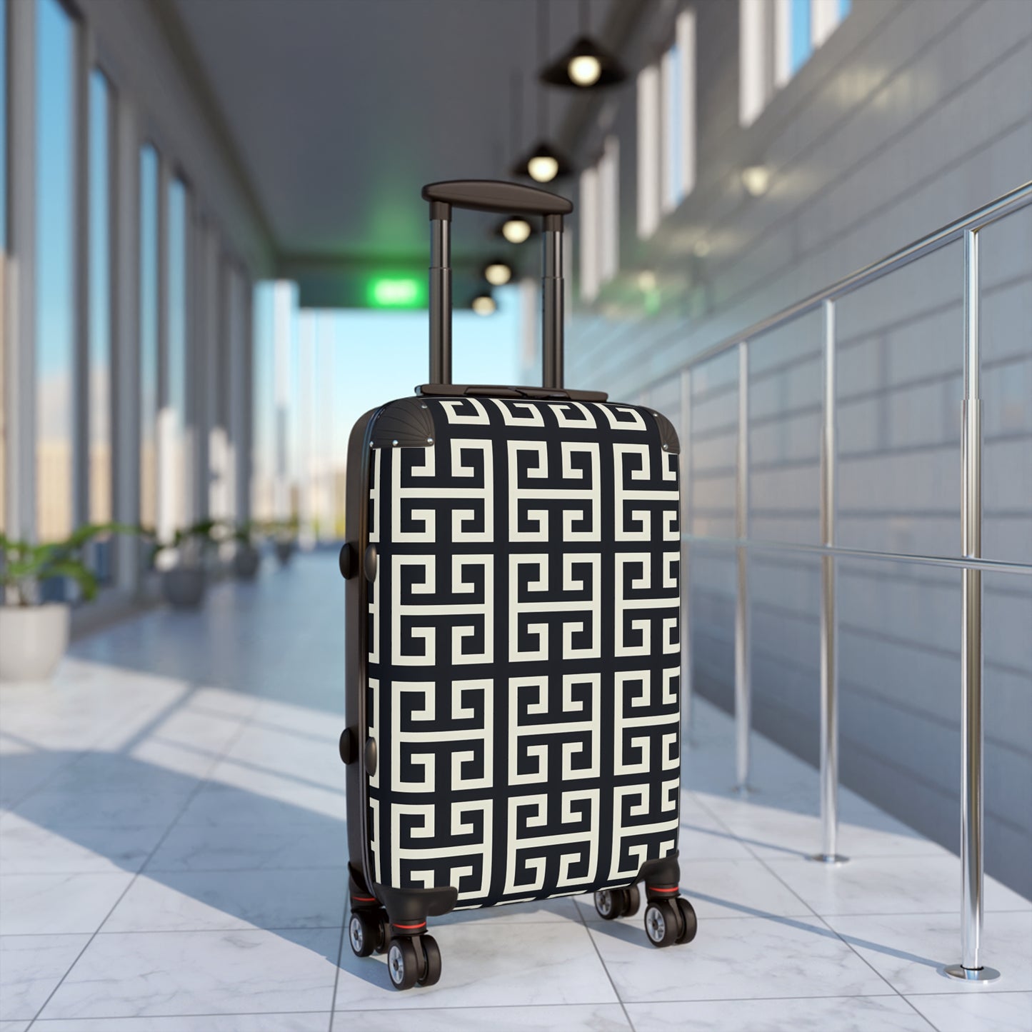 Greek Key Geometric Pattern Suitcase | Black White Travel Luggage