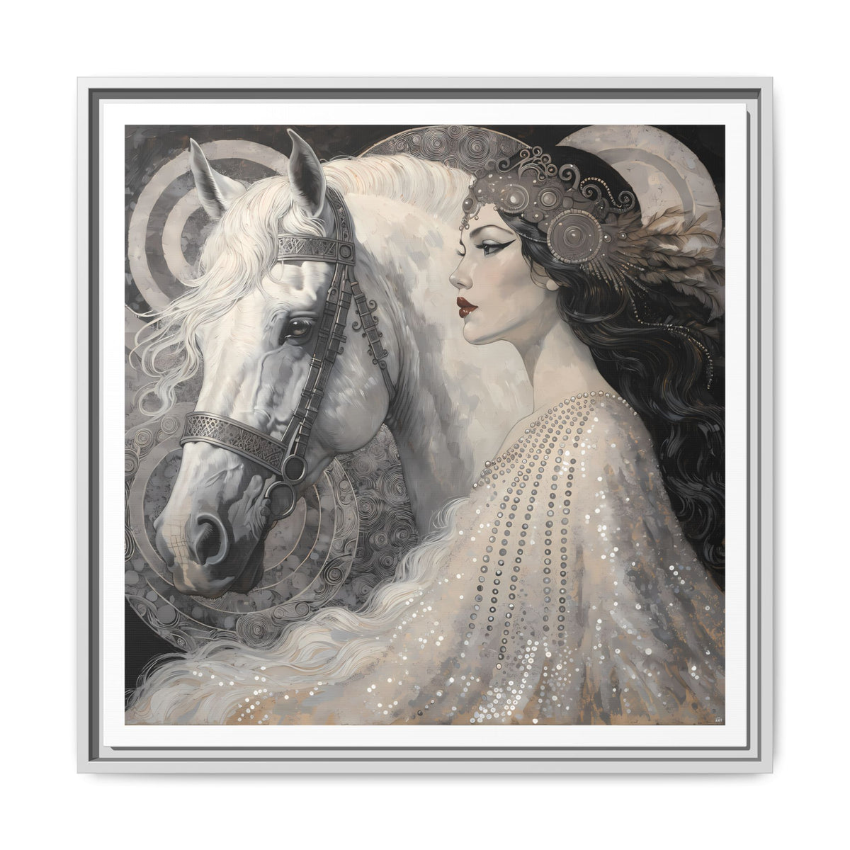 Ethereal Woman with White Horse Matte Canvas Framed Wall Art