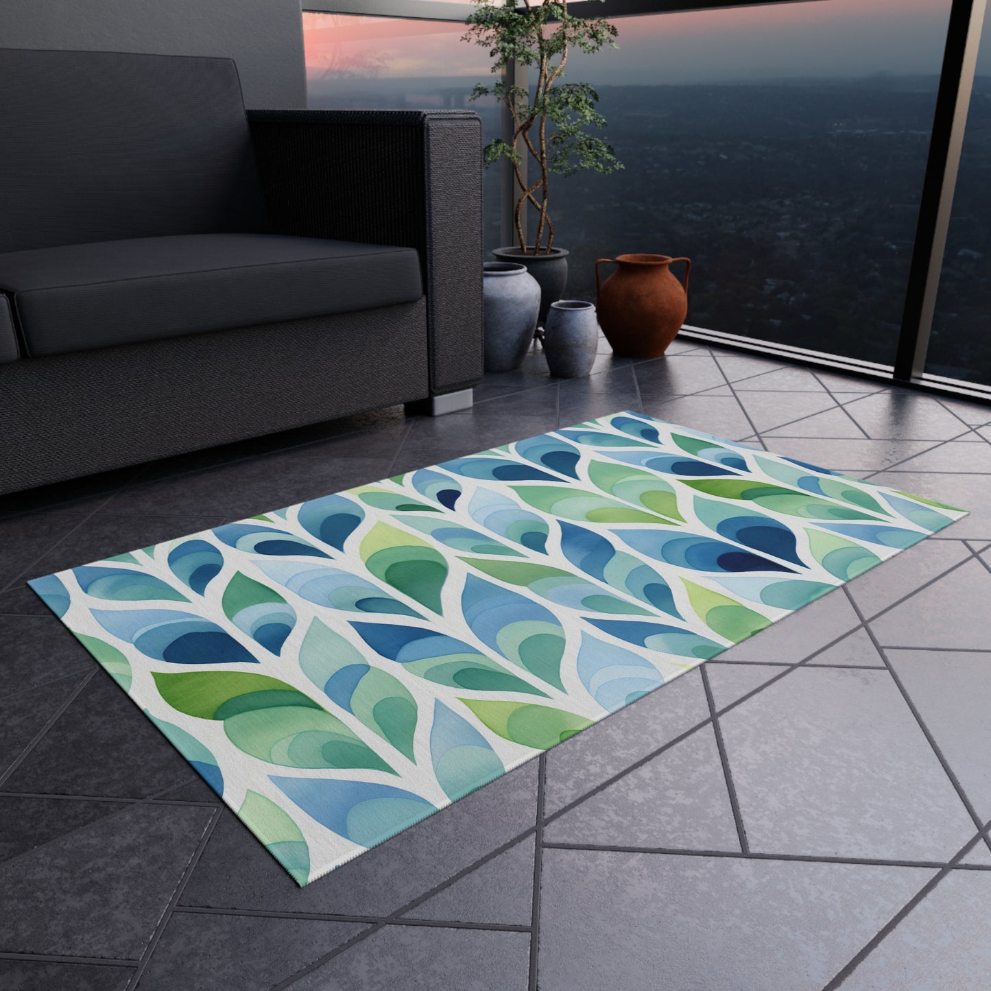 Blue Green Leaf Pattern Outdoor/Indoor Rug | Patio Mat