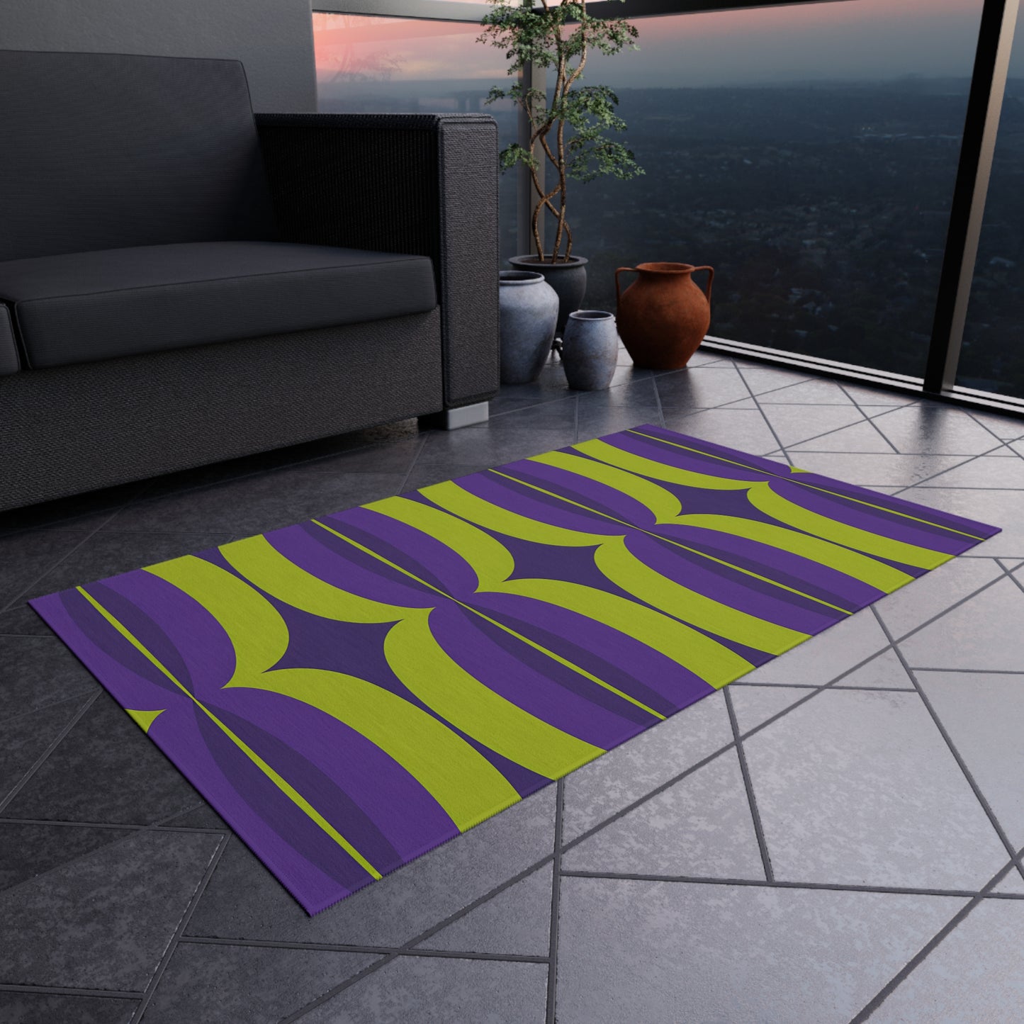 Green and Purple Mid-Century Geometric Outdoor/Indoor Rug | Retro Pattern Patio Mat