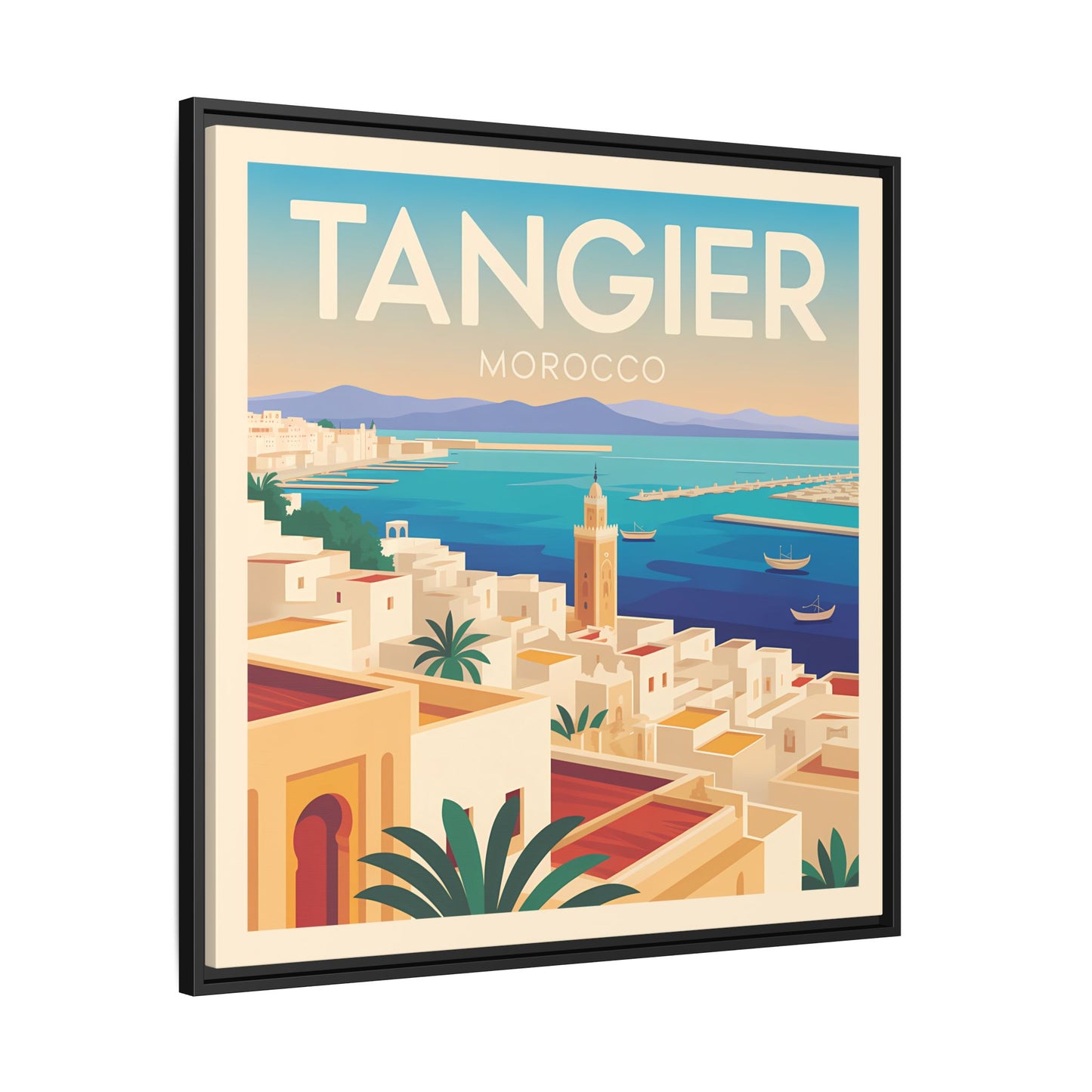 Tangier Morocco Travel Framed Wall Art Matte Canvas | Vintage Style Coastal Wall Art