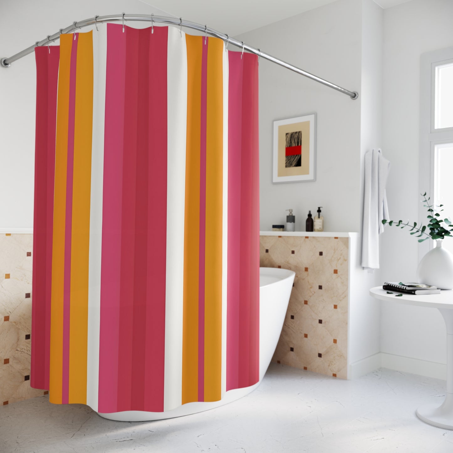 Retro Stripe Shower Curtain | Pink Orange Vertical Stripes