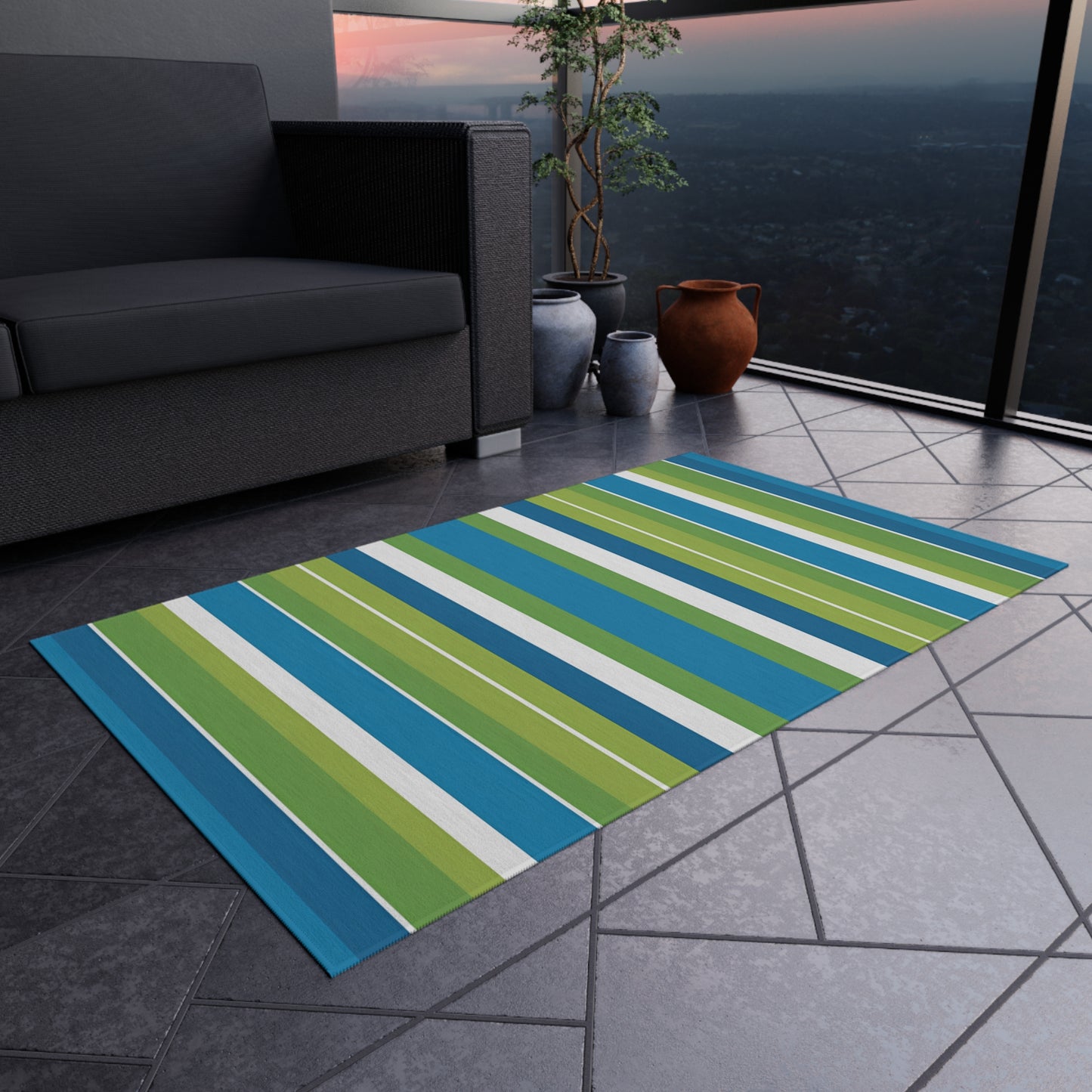 Blue Green Stripe Outdoor/Indoor Rug | Coastal Patio Floor Mat