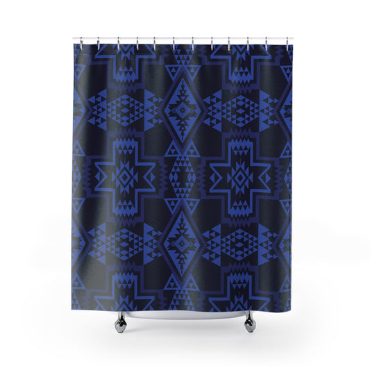 Navajo Geometric Pattern Shower Curtain | Blue Black Tribal Bathroom Decor