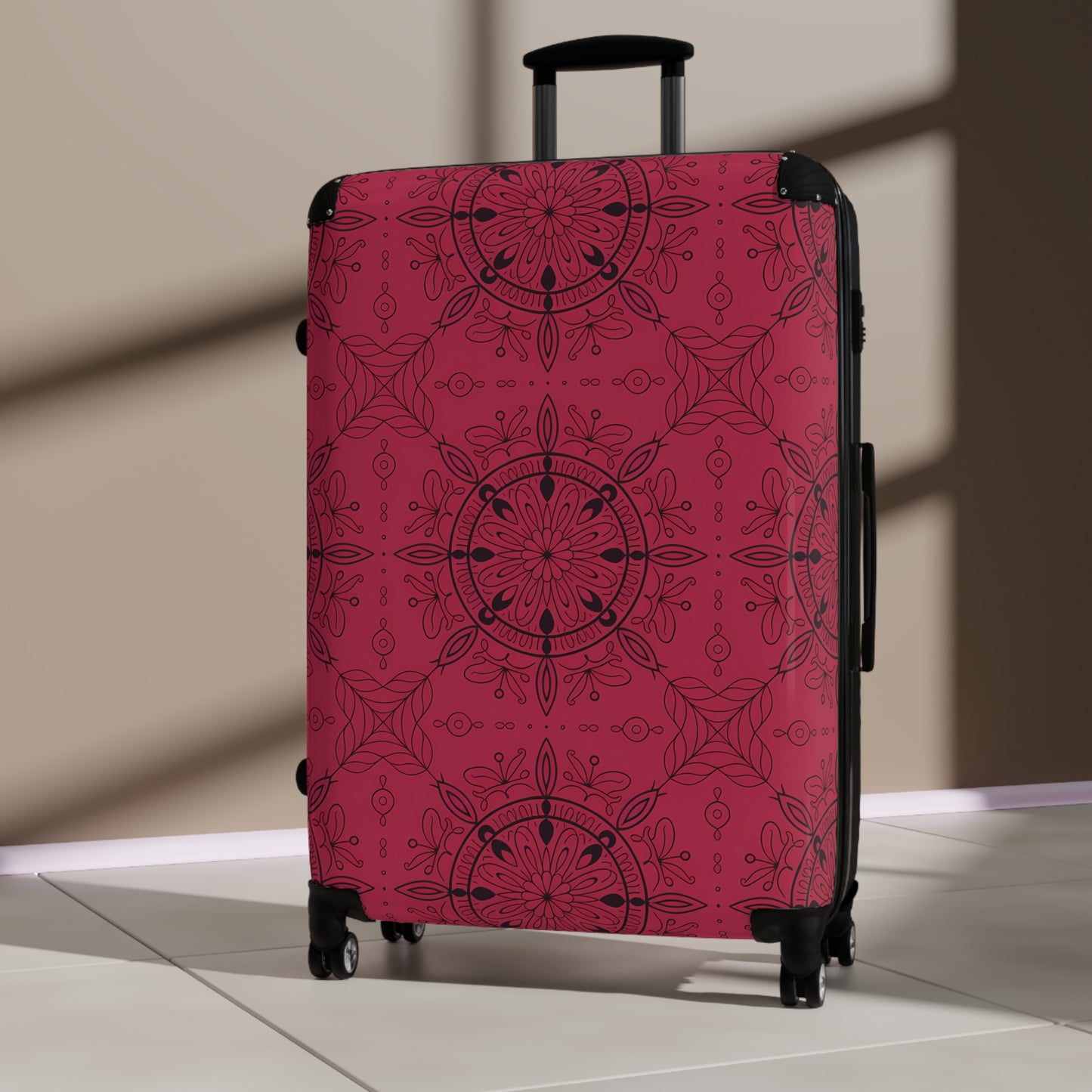 Burgundy Mandala Pattern Suitcase | Floral Travel Luggage