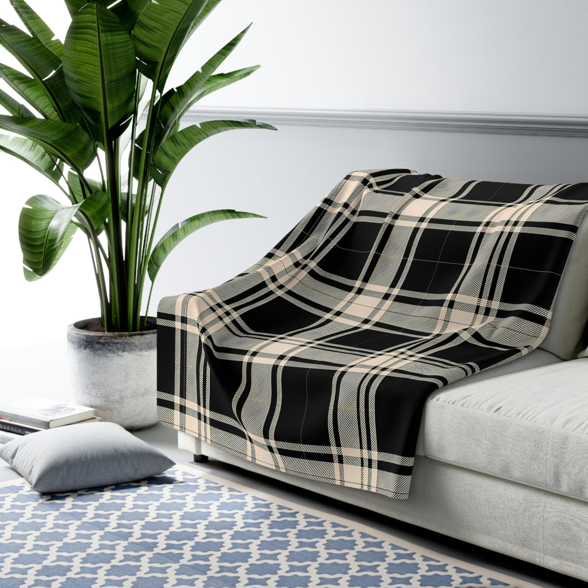 Black Beige Plaid Sherpa Fleece Blanket | Cozy Buffalo Check Throw