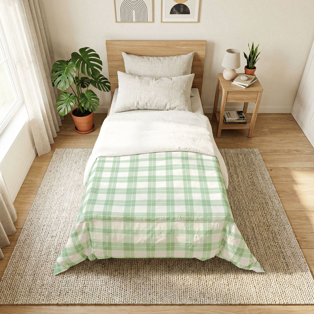 Green White Plaid Cotton Comforter | Pastel Check Bedding