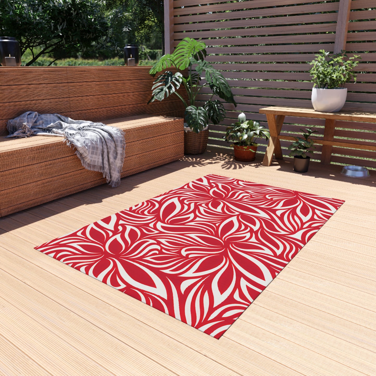 Red White Tropical Leaf Pattern Outdoor/Indoor Rug | Patio Mat