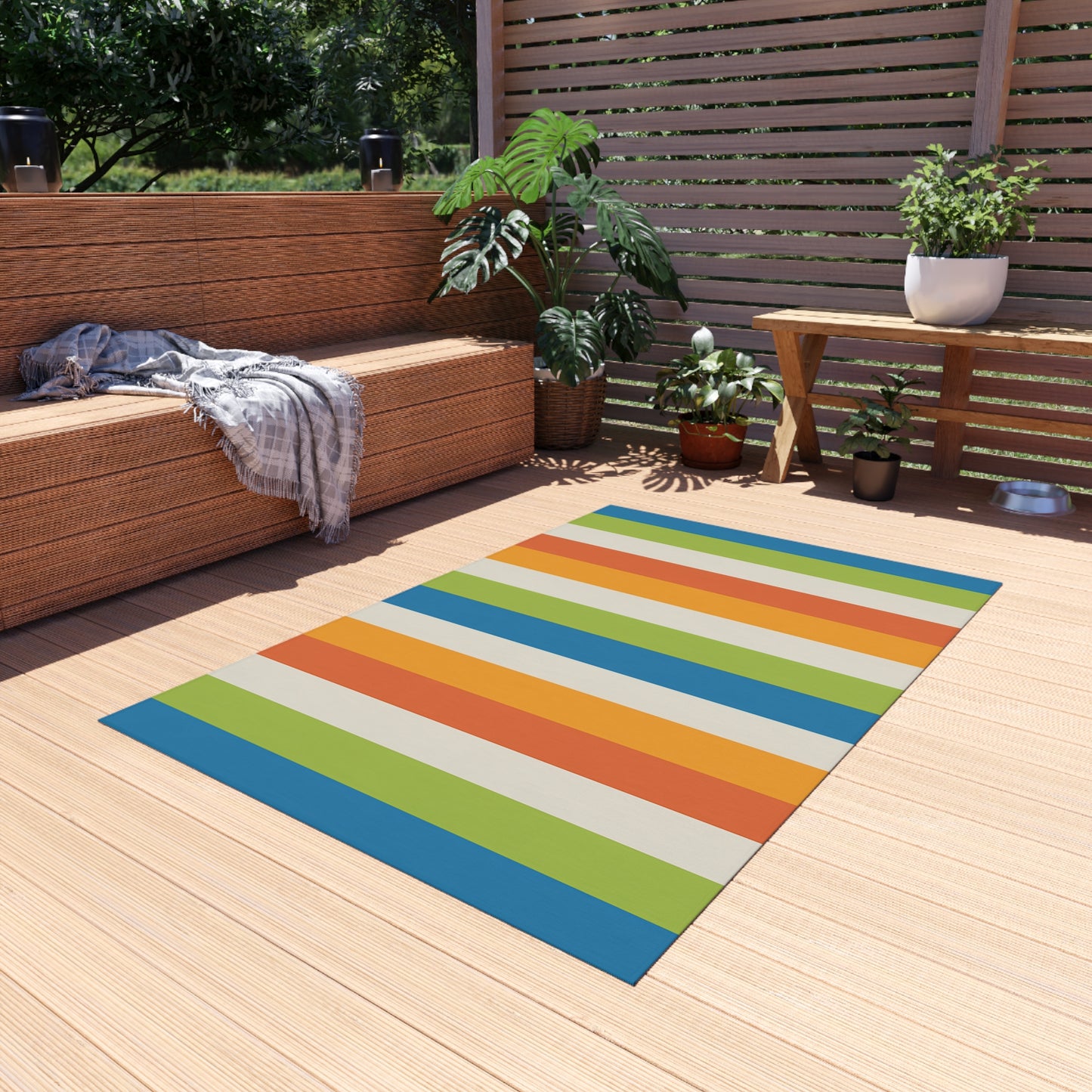 Colorful Vertical Stripes Outdoor/Indoor Rug | Patio Mat, Blue Orange Green