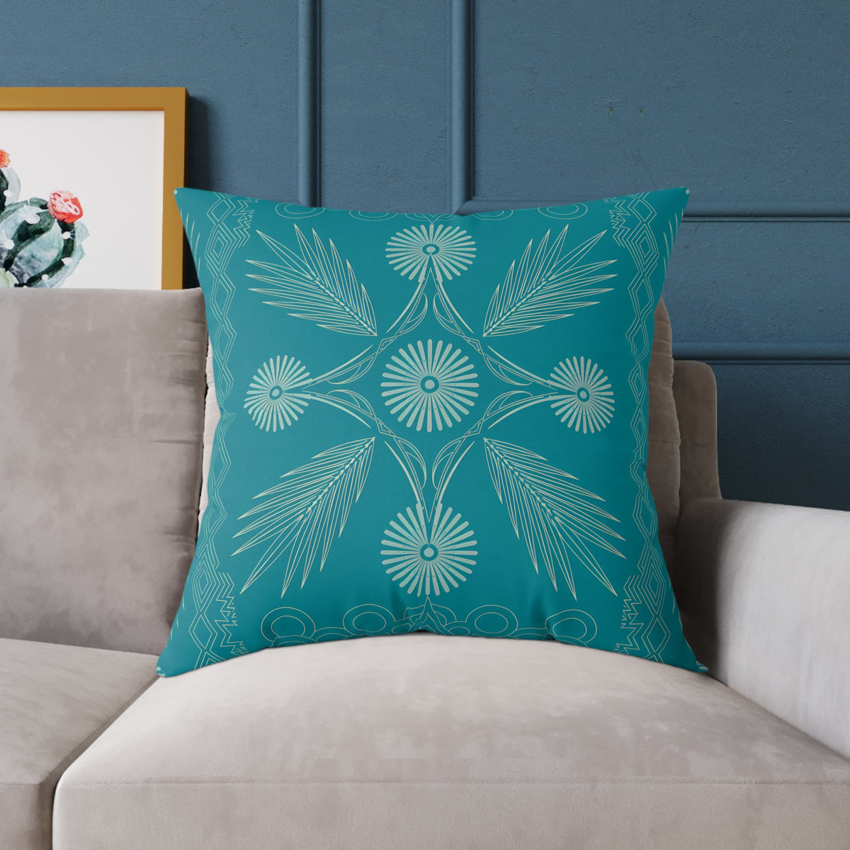 Teal Botanical Mandala Square Pillow | Poly Canvas Decorative Pillow