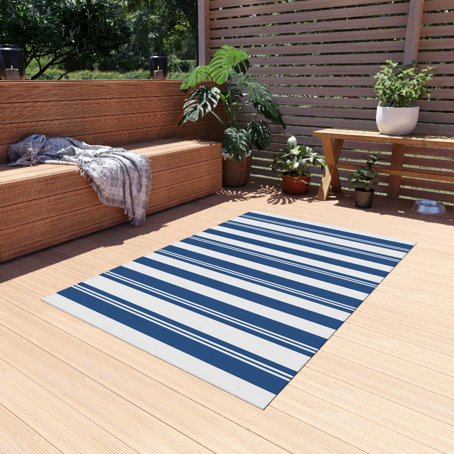 Navy Blue Stripe Outdoor/Indoor Rug | Patio Deck Mat