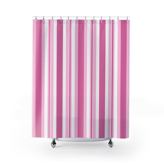 Pink Vertical Stripe Shower Curtain | Pink White Striped Bathroom Curtain