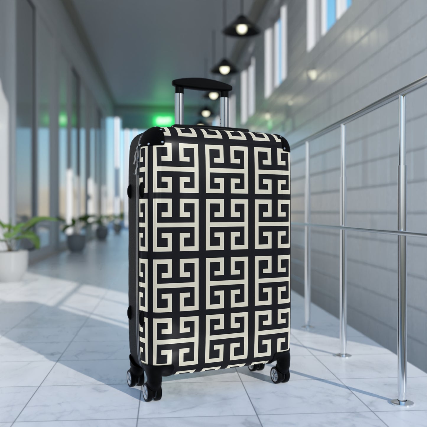 Greek Key Geometric Pattern Suitcase | Black White Travel Luggage