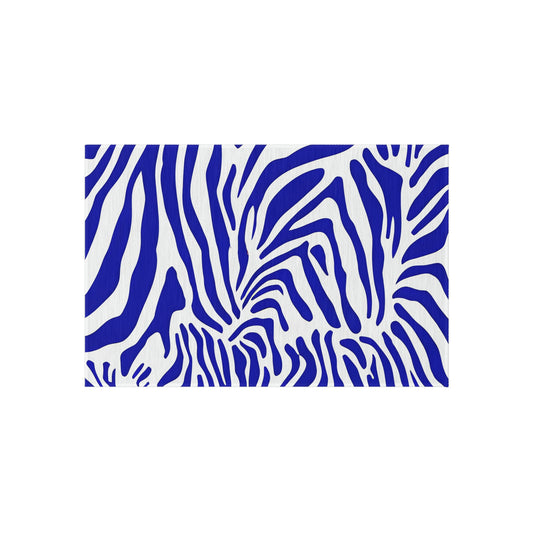Blue White Zebra Print Outdoor/Indoor Rug | Bold Animal Stripe Patio Mat