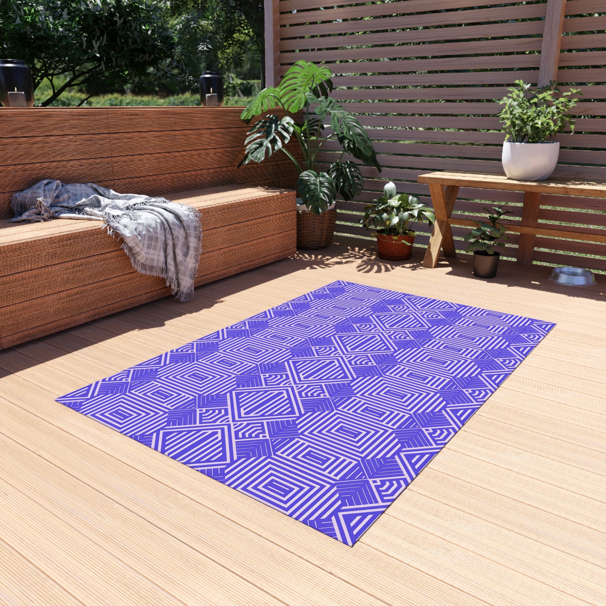 Purple and White Stylish Outdoor/Indoor Rug for Patio Decor, Boho Chic Deck Mat, Versatile Area Rug, Summer Gatherings, Garden Party Decor - LOLA VEGAS ART