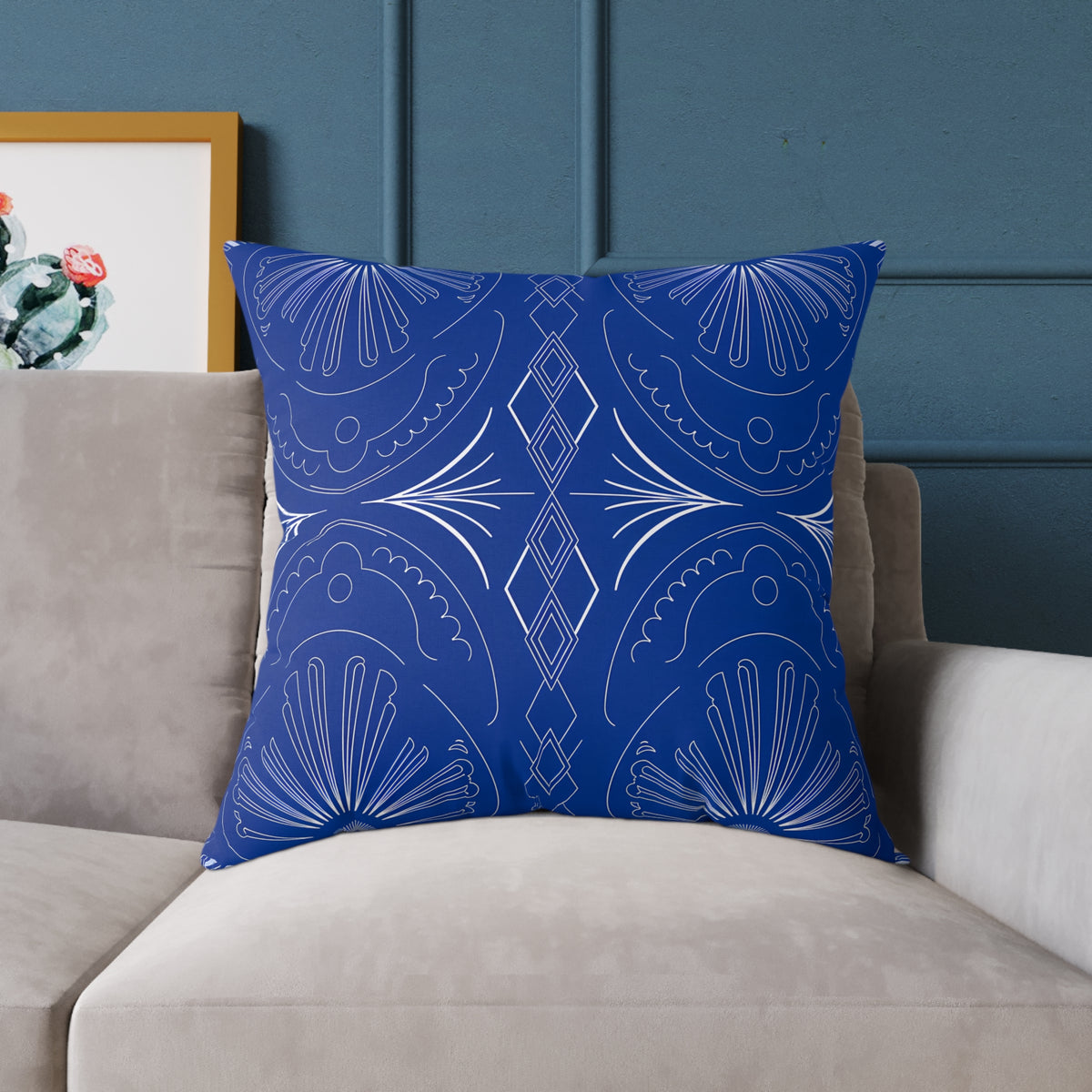 Blue Moroccan Tile Pattern Pillow | Square Poly Canvas Pillow
