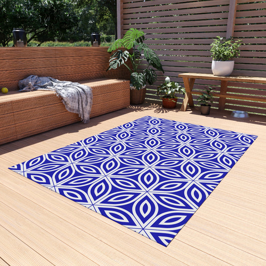 Royal Blue Geometric Floral Pattern Outdoor/Indoor Rug | Blue Petal Tile Design