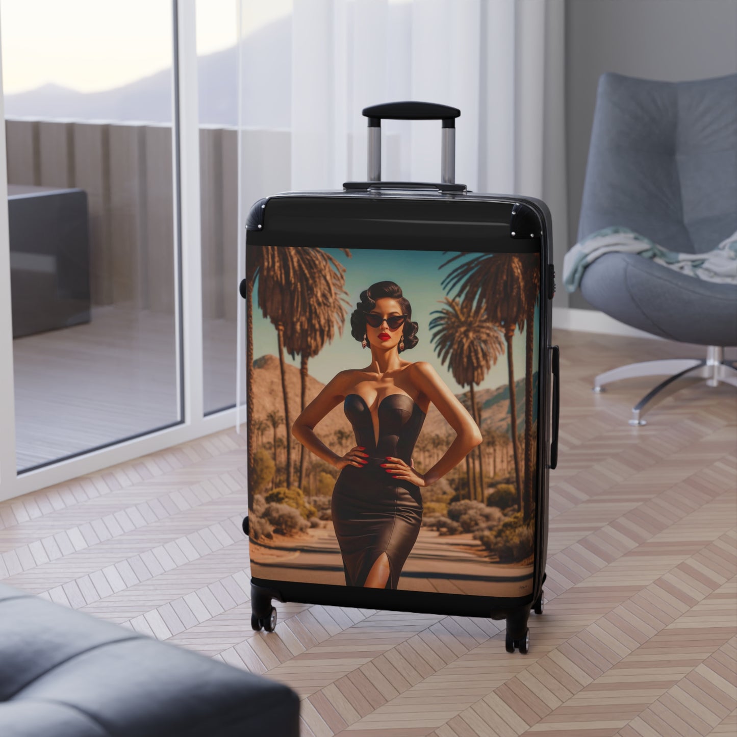 Suitcase, Travel Accessory, Luggage Fashionista, Palm Springs, Retro Style Woman, Glamorous Suitcase, Unique Travel Bag