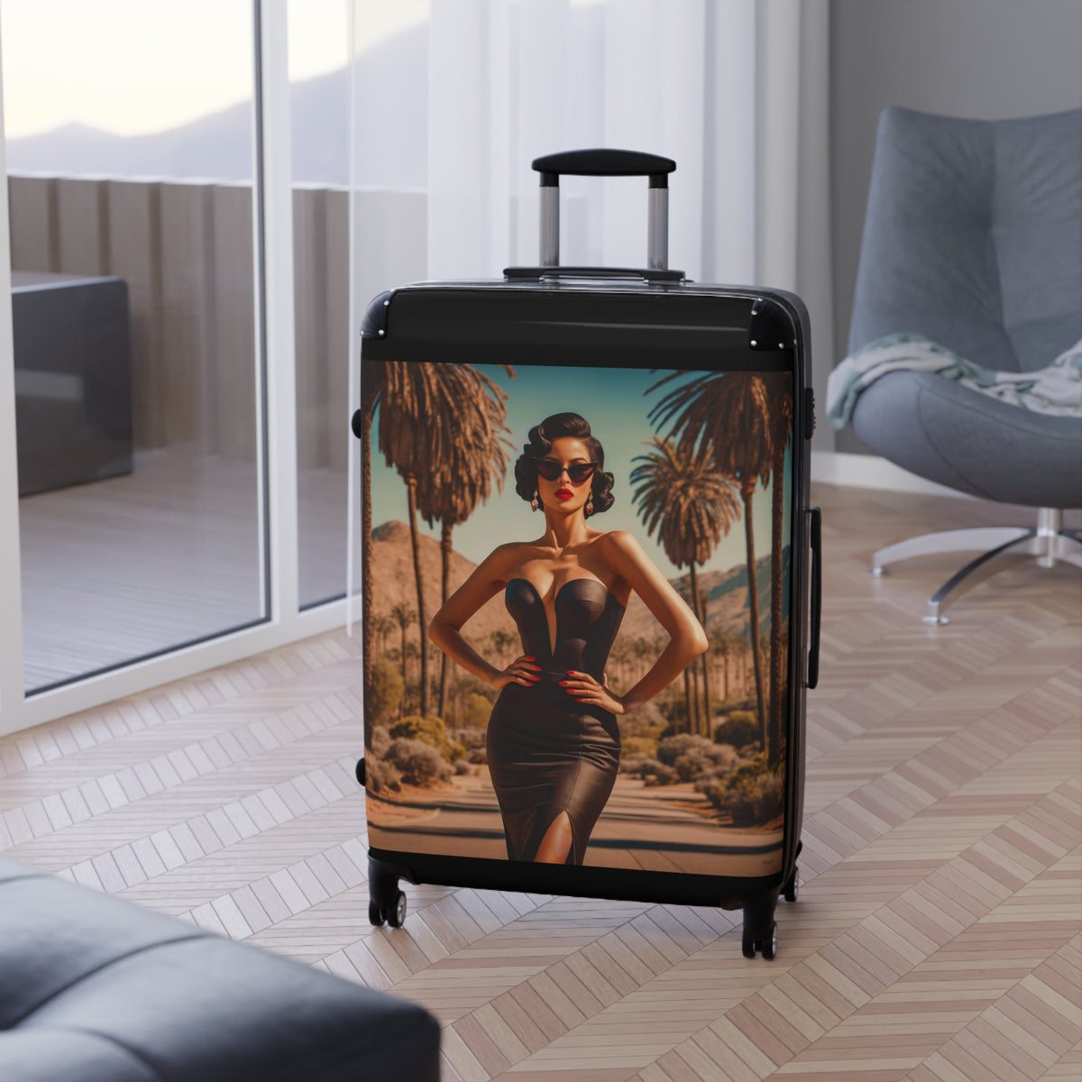 Suitcase, Travel Accessory, Luggage Fashionista, Palm Springs, Retro Style Woman, Glamorous Suitcase, Unique Travel Bag - LOLA VEGAS ART