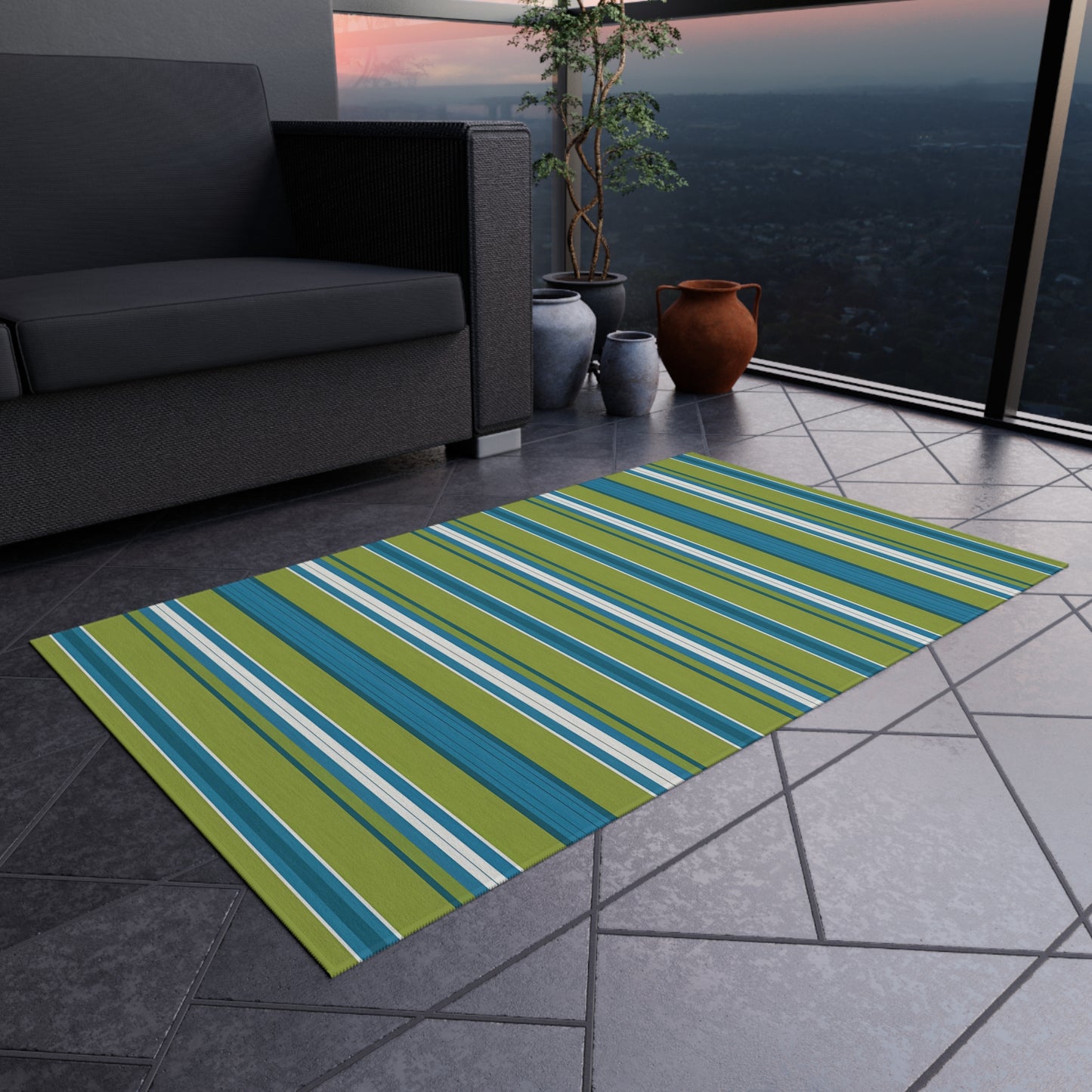 Blue Green White Stripe Outdoor/Indoor Rug | Patio Deck Mat