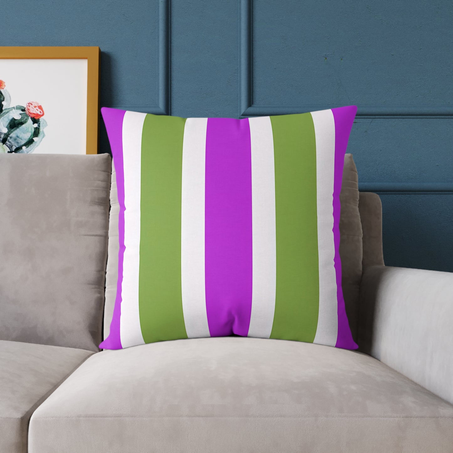 Magenta White and Green Vertical Stripe Pillow | Square Poly Canvas Pillow