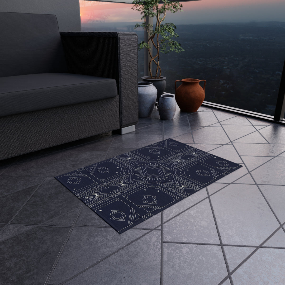 Geometric Aztec Pattern Outdoor Rug | Navy Diamond Porch Mat