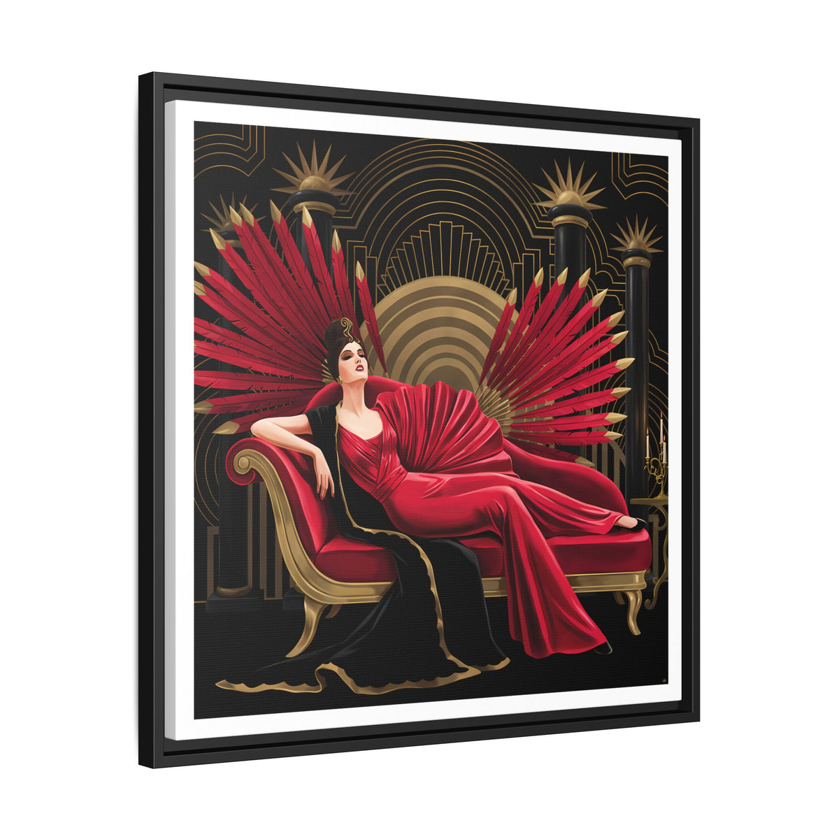 Art Deco Lady with Red Feathers Matte Canvas Framed Wall Art