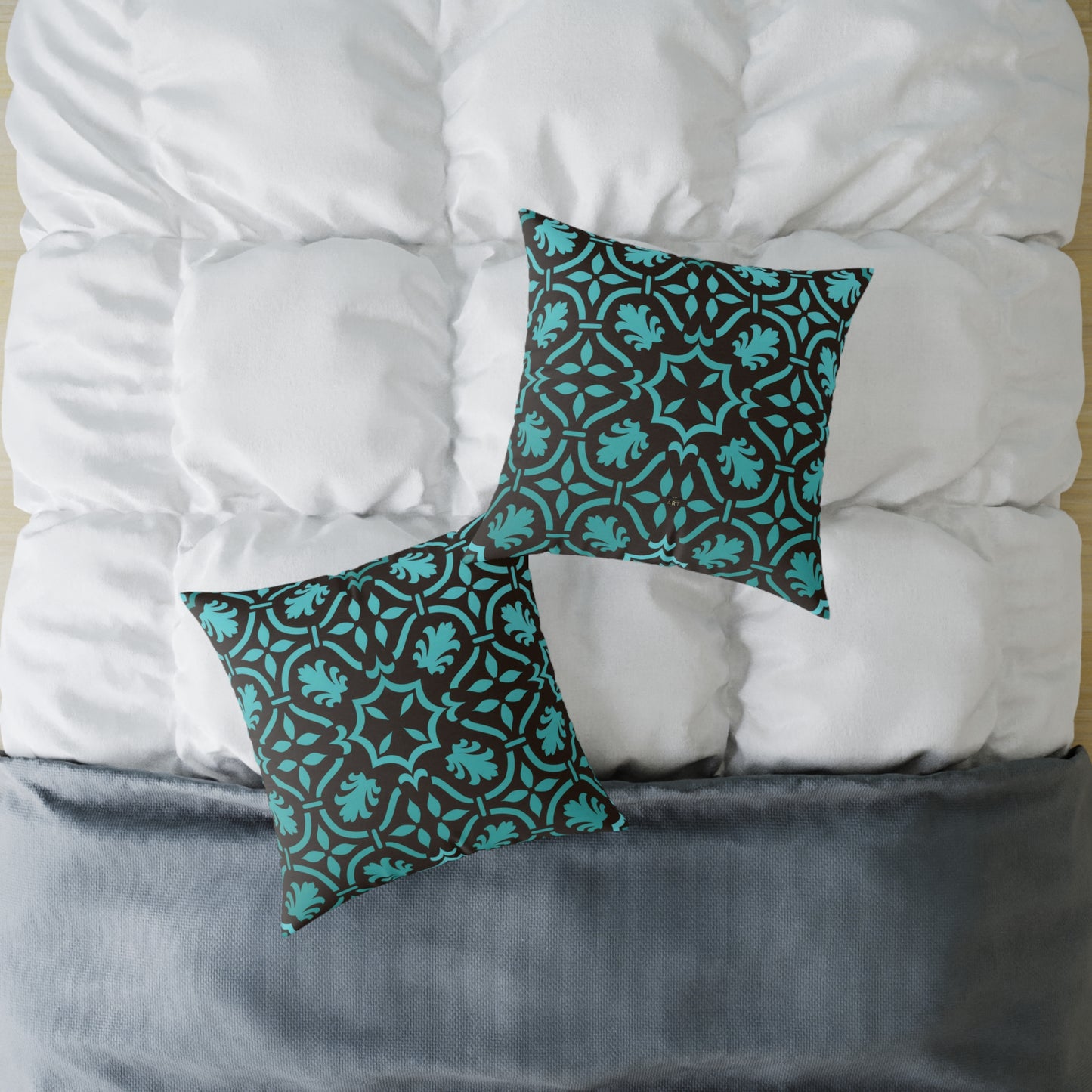Teal Black Moroccan Tile Square Pillow | Poly Canvas Decorative Pillow