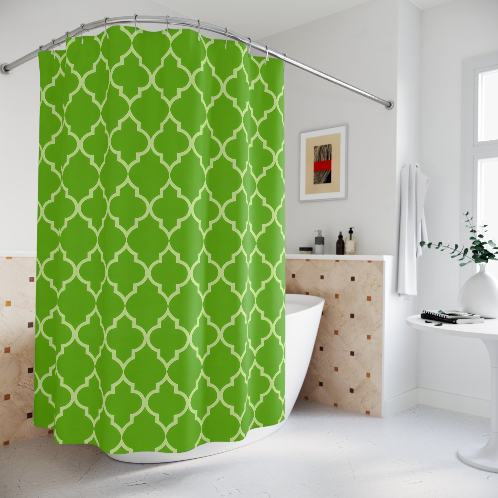Modern Geometric Shower Curtain - Vibrant Green Home Decor, Bathroom Accent, Gift for Housewarming, Summer Refresh, Moroccan Quatrefoil - LOLA VEGAS ART