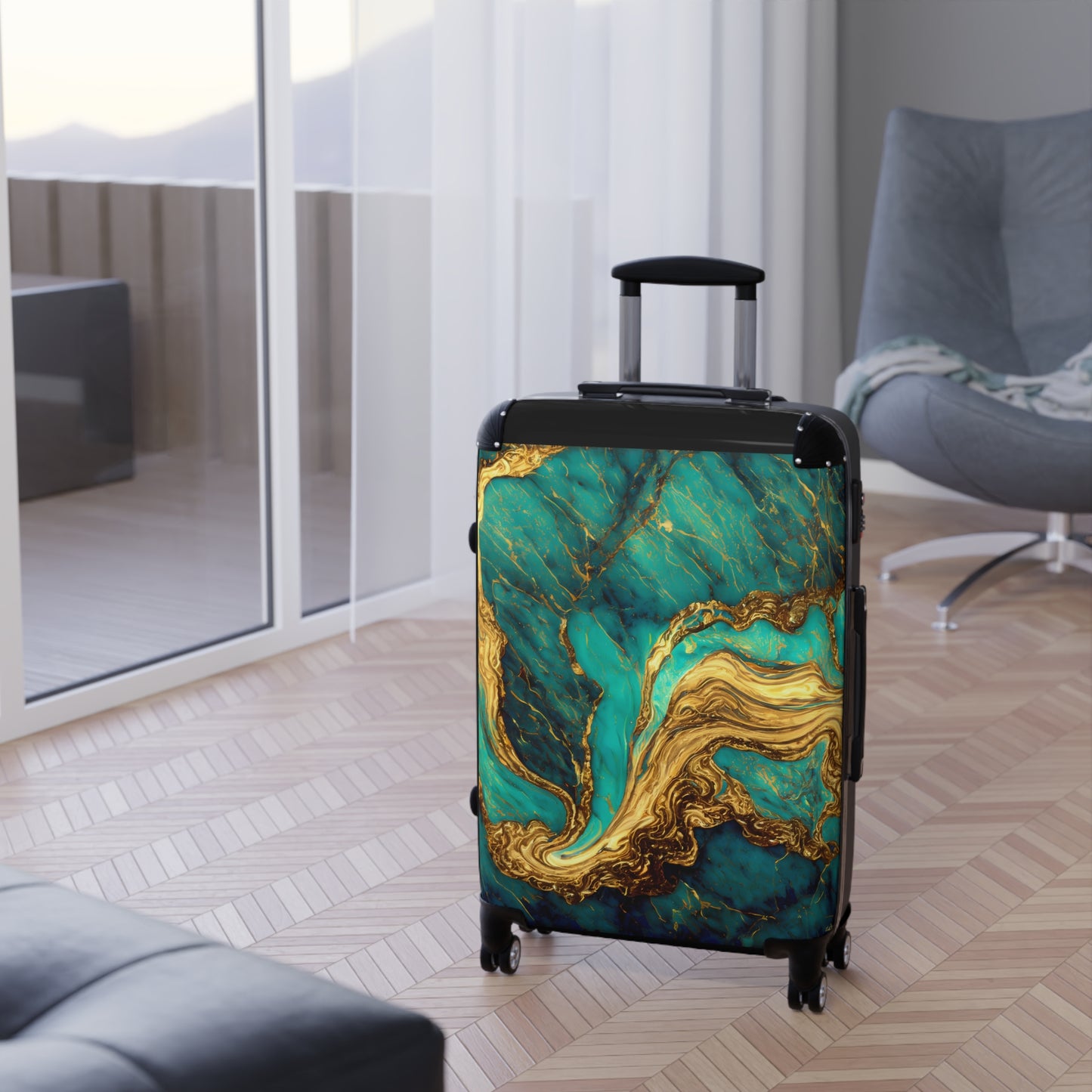 Suitcase, Travel Luggage, Rolling Bag, Green and Gold Marbleized Print, Stunning Travel Accessory