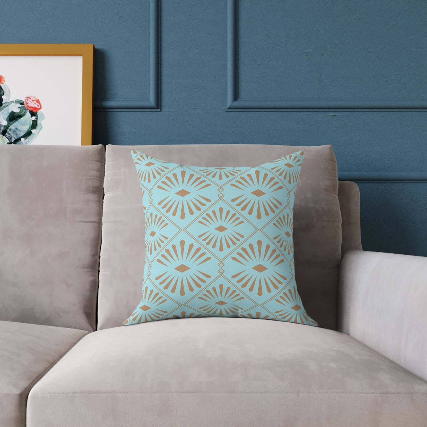Dark Gold Geometric Fan Pattern Square Poly Canvas Pillow | Turquoise Throw Pillow