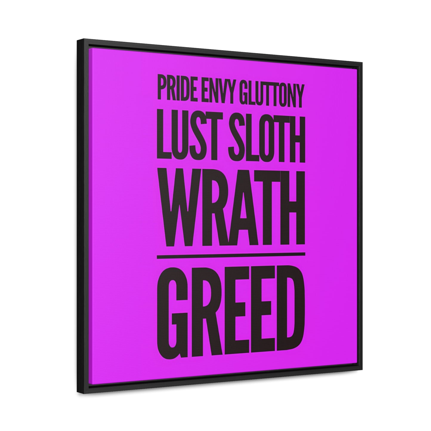 Square Frame Wall Art Canvas, Typography 7 Deadly Sins Magenta Background, Cool Statement Piece, Gallery Canvas Wrap Print, Home Decor