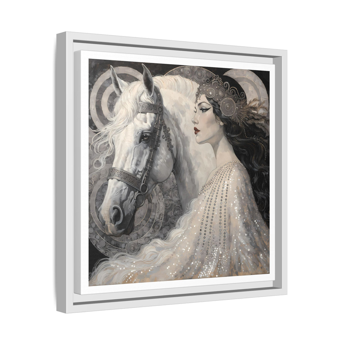 Ethereal Woman with White Horse Matte Canvas Framed Wall Art