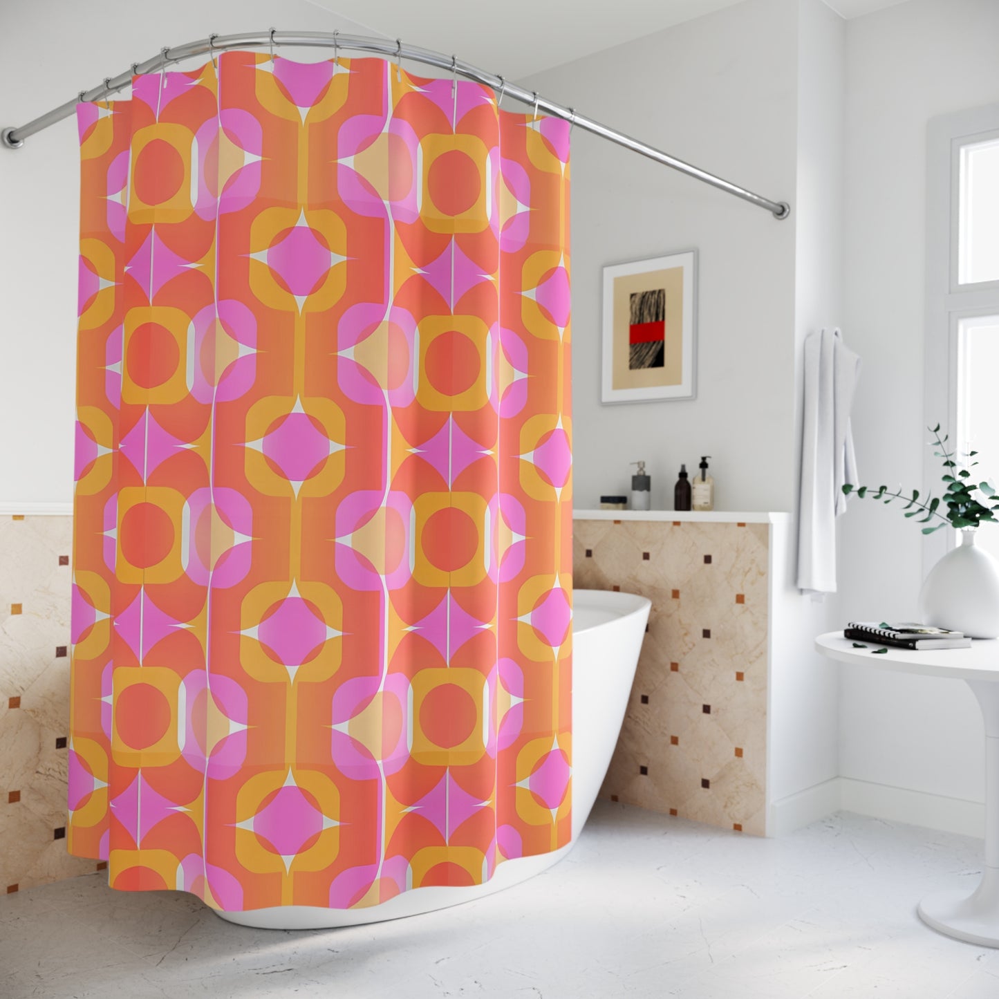 Retro Geometric Pattern Shower Curtain 70s Orange Pink Mid Century