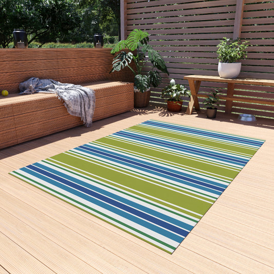Blue Green White Striped Outdoor Rug | Outdoor Rug