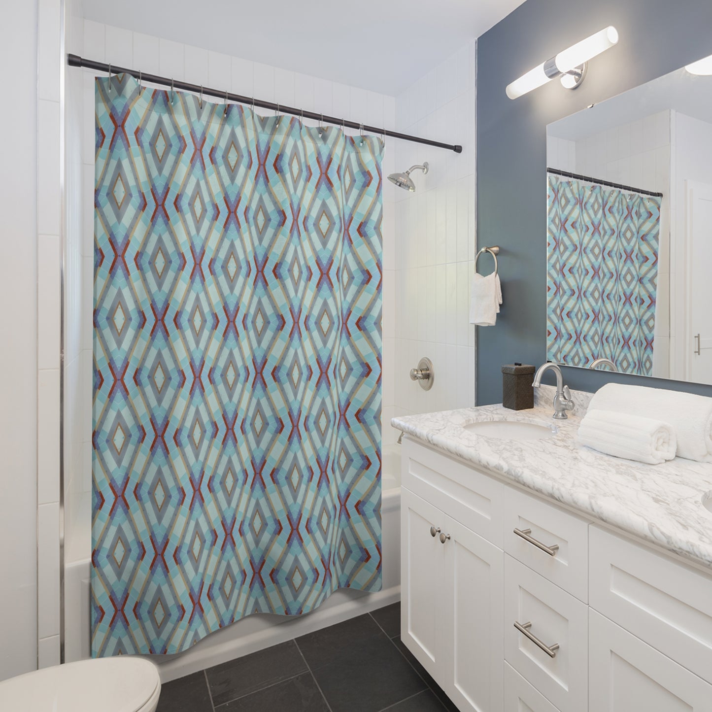 Blue Purple Dark Red Geometric Diamond Pattern Shower Curtain | Midcentury Modern