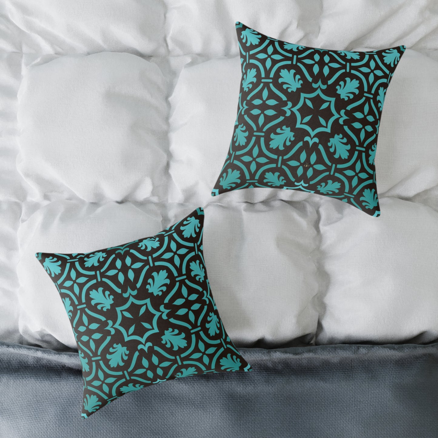 Teal Black Moroccan Tile Square Pillow | Poly Canvas Decorative Pillow