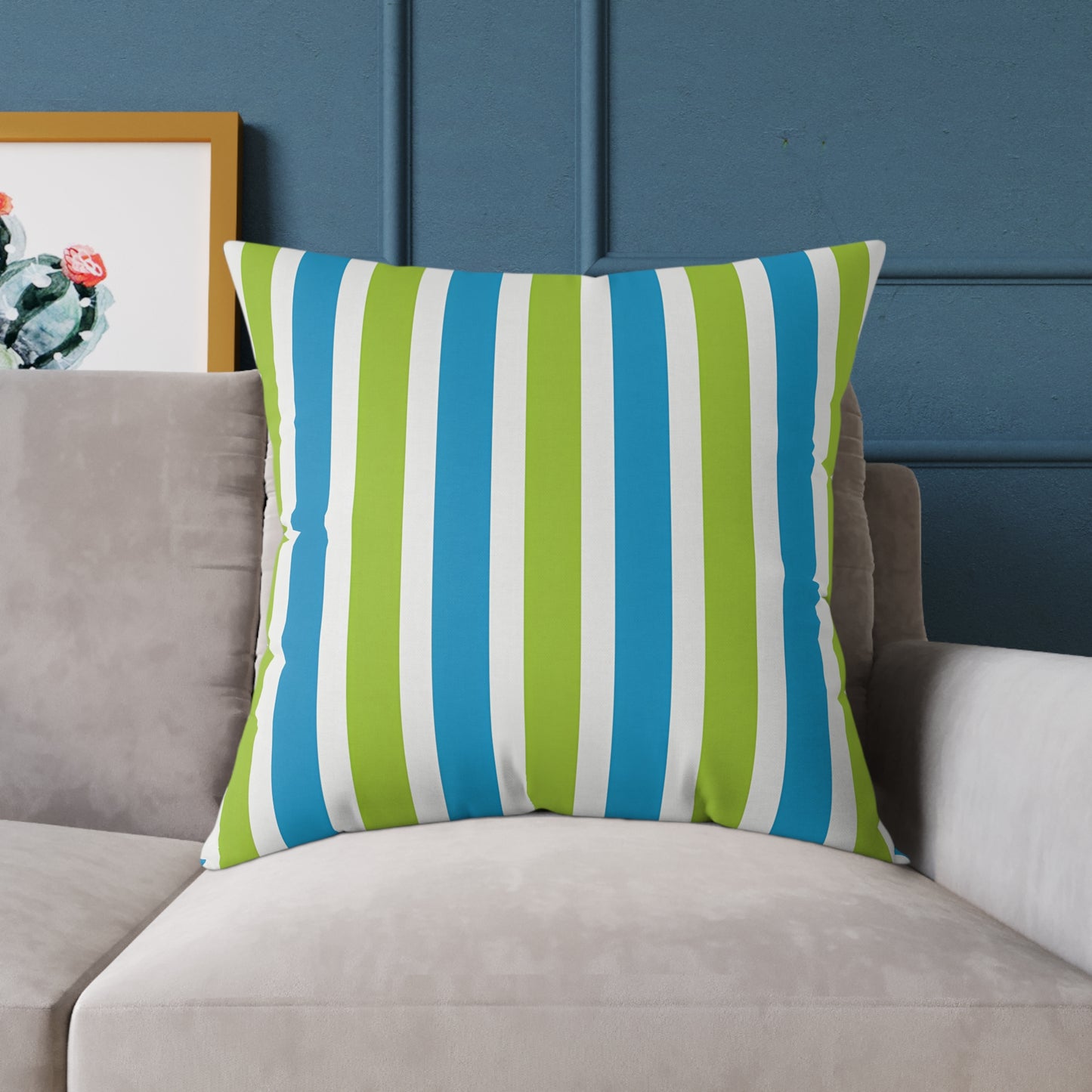 Blue Green Striped Square Pillow | Poly Canvas Throw Cushion