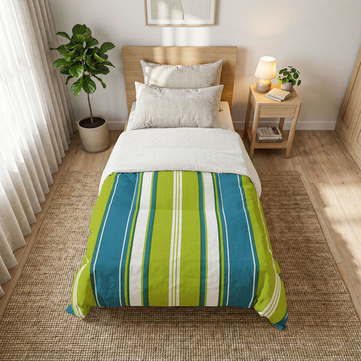 Blue Green Stripe Comforter | Cotton Comforter, Reversible Bedspread