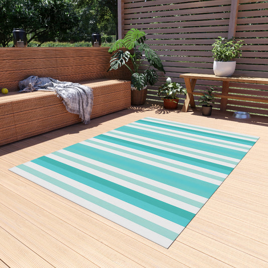 Teal Stripe Outdoor/Indoor Rug | Blue White Striped Patio Mat