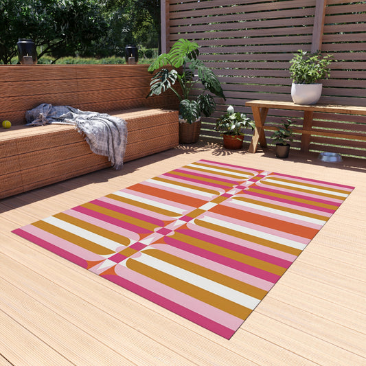Retro Geometric Stripes Outdoor Rug | Pink Orange Mustard