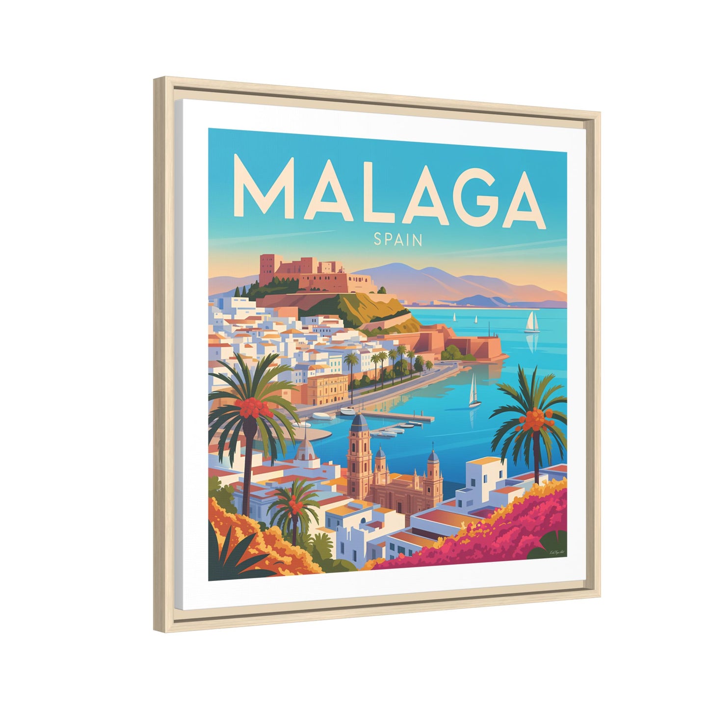 Malaga Spain Coastal  Matte Canvas Framed Wall Art| Vintage Style Travel Art